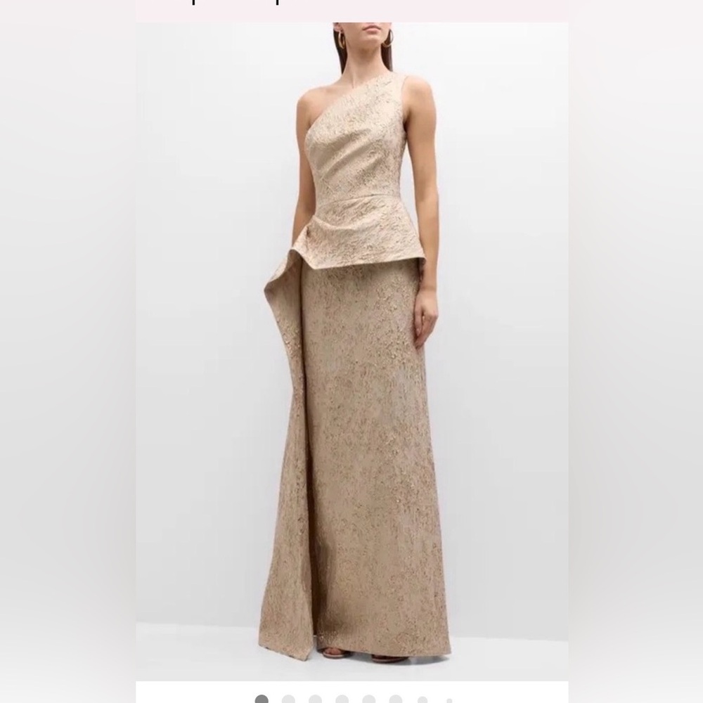 Teri Jon One-Shoulder Champagne Textured Gown - Picture 1 of 10